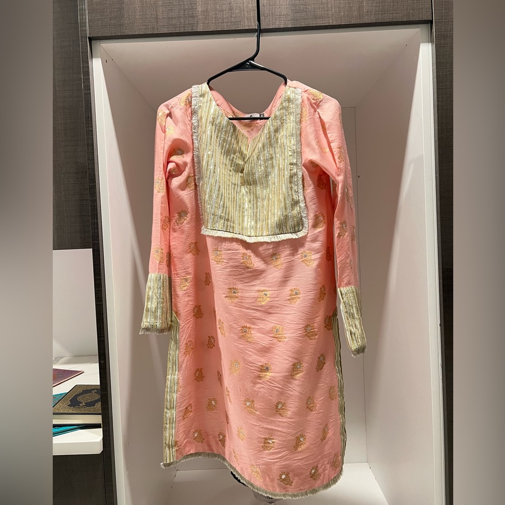 Pink and Gold Embroidered Women Kurta with Pants and Dupatta
